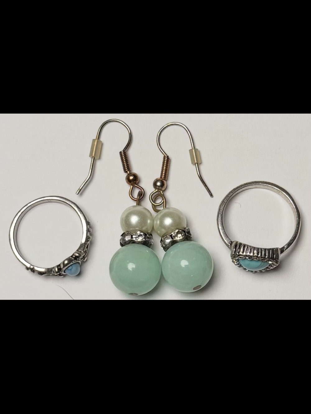 Boho Jewelry Bundle Turquoise Rings + Mint Bead Earrings Silver Set